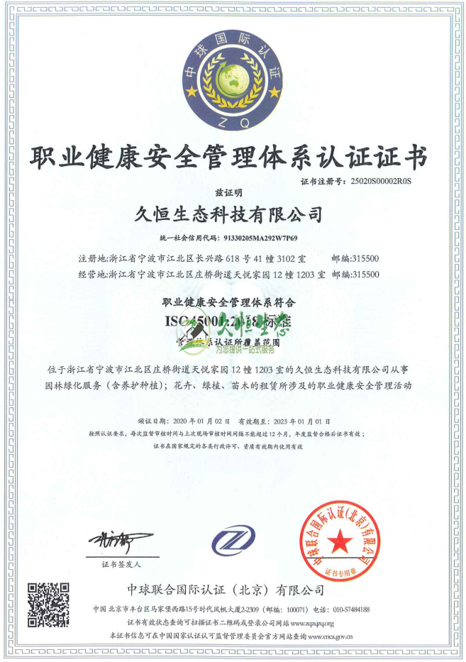 南京玄武职业健康安全管理体系ISO45001证书
